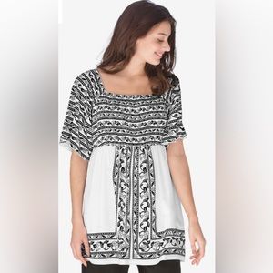 Woman Within Black and White Tunic with smocked bodice size 18/20